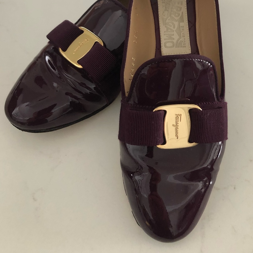 Salvatore Ferragamo Burgundy Flats with Gold Buckle